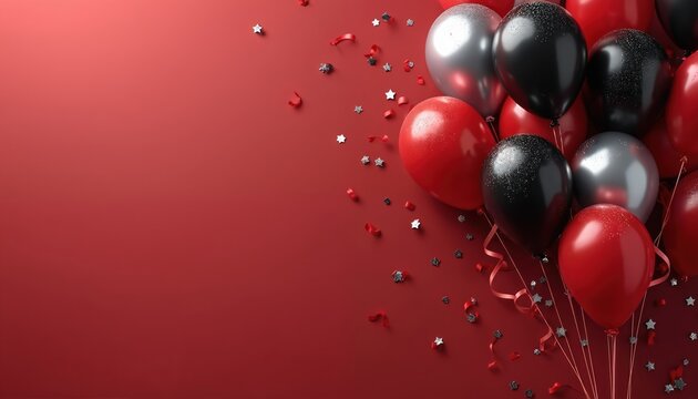 Red black and silver balloons float with confetti on a solid red background. This festive scene suggests a celebration, party, or special event for design projects.