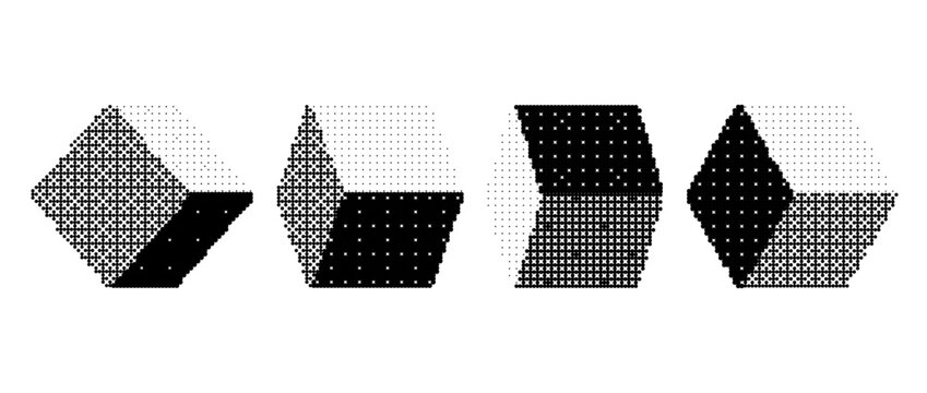Pixelated cubes set. Bitmap 3D square form collection. Dither element pack for graphic design, banner, poster, leaflet. Halftone cube shape with rasterized effect. Vector pixel Y2K geometric bundle