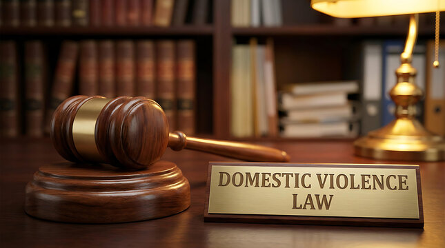 Domestic Violence Law Concept with Wooden Judge Gavel and Brass Plaque in a Legal Office