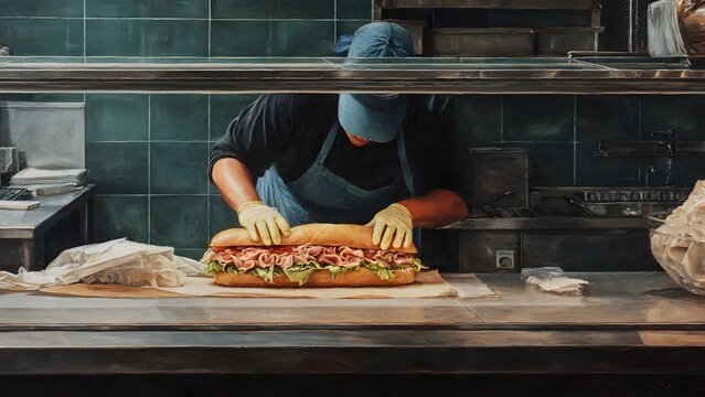 Process-comparison commercial overhead showing assembly stages of Italian subs at a shiny metal deli station