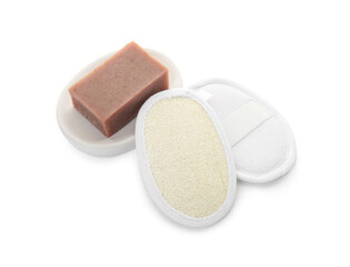 Fototapeta premium Loofah scrubbers and soap bar isolated on white