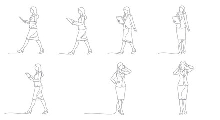 Obraz premium Business Woman Line Art: Walking, Standing, Phone, Gesturing