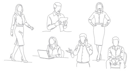 Fototapeta premium Business Line Art: People in Office, Working, Talking on Phone, Laptop