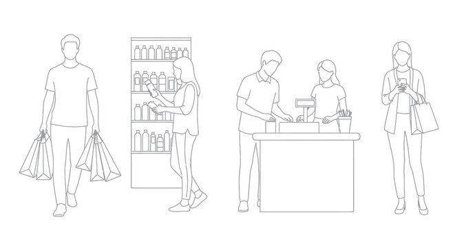 Black  White Line Art of People Shopping in a Store