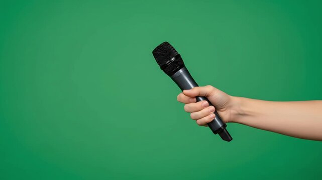 Hand holding microphone for interview or presentation on green screen background for easy keying and editing