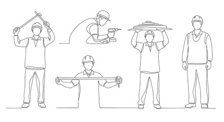 Obraz premium Construction workers in line art style, holding tools and materials