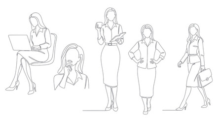 Obraz premium Business Women Line Art: Diverse Poses, Professional Style
