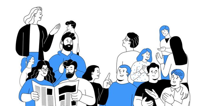 Crowd of communicating people. Moving banner with group of diverse men and women, friends and colleagues, discussing something. Characters engage in conversation. Outline Human made animated cartoon