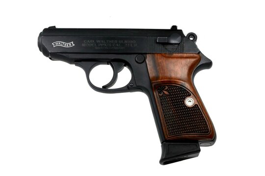 Walther PPK/S automatic pistol used by 007 James Bond. James Bond was a popular spy character in the movies and literature. The pistol was first introduced in 1929 by German Karl Walther.