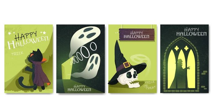 Set of Halloween posters. Moving flyers with spooky black cat, ghosts, skull with witch hat, and vampire silhouette. Design elements for holiday celebrations. Flat Human made animated cartoon