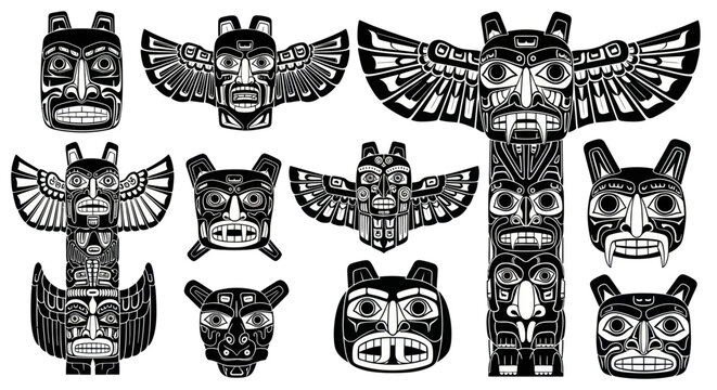 Totem pole animal carved faces.