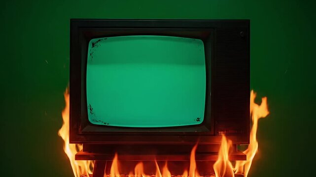 Vintage television screen engulfed in flames green screen chroma key burning old technology destruction concept