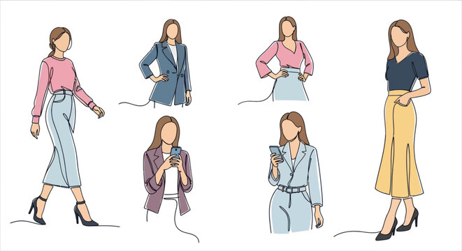 Businesswomen fashion line art, vector stock illustration