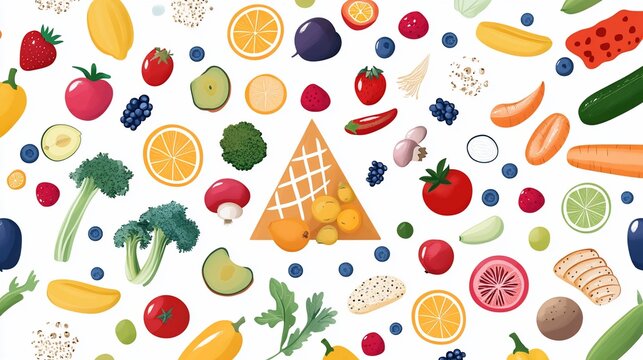 Colorful flatlay of fresh fruits & vegetables forming a healthy food pyramid.