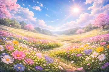 Obraz premium 青空と広がる春の花畑 パステルカラーの自然風景