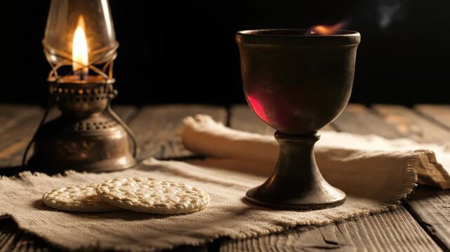 Static shot of communion chalice burning with wine and bread
