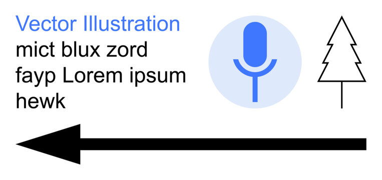 Communication, navigation, audio technology, content creation, media design, symbolic . Blue microphone icon, black arrow outlined tree. Communication and navigation concepts