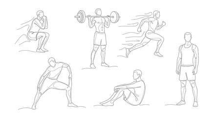 Fototapeta premium Black and White Line Art of Men Exercising: Weightlifting, Running, Stretching