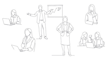 Fototapeta premium Business women in line art style, presenting, working on laptops, meeting