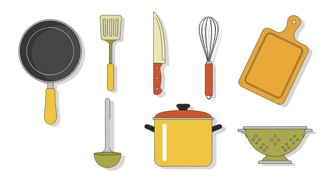 Flat Design Kitchen Utensils Set: Frying Pan, Spatula, Pot, Whisk, Board