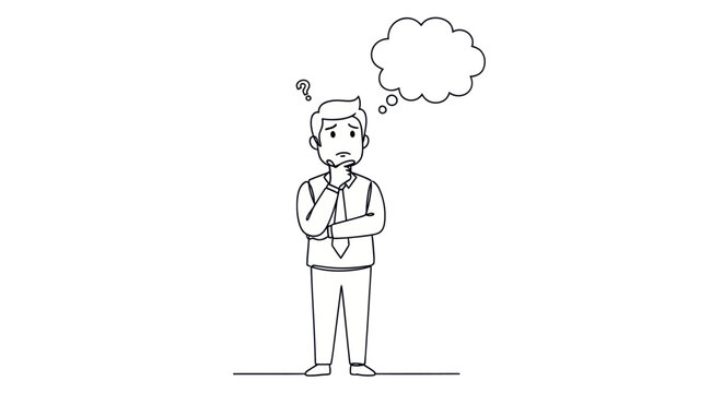 Man in business attire with question mark, thinking, in black and white line art style