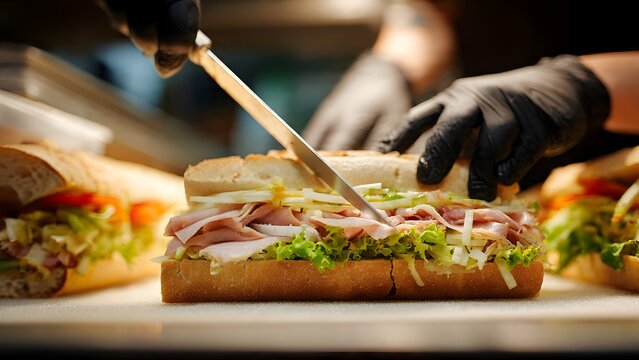 Premium commercial shot of final garnish and dressing on an overflowing Italian sub in a Modern sandwich kitchen