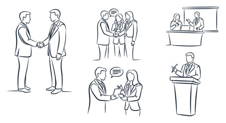 Obraz premium Business Meeting Line Art: Handshake, Discussion, Presentation, Speech