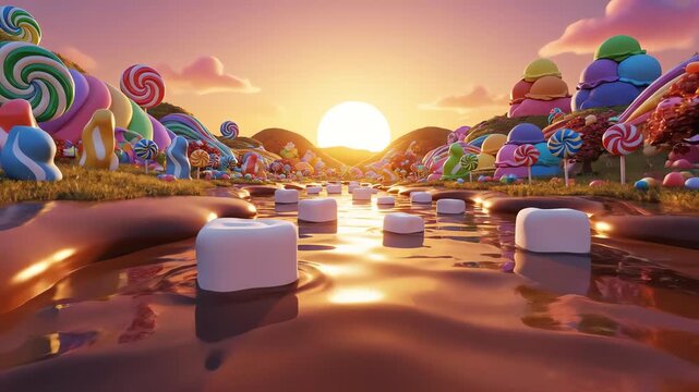 Magical Candy Land Background with Chocolate River and Marshmallows