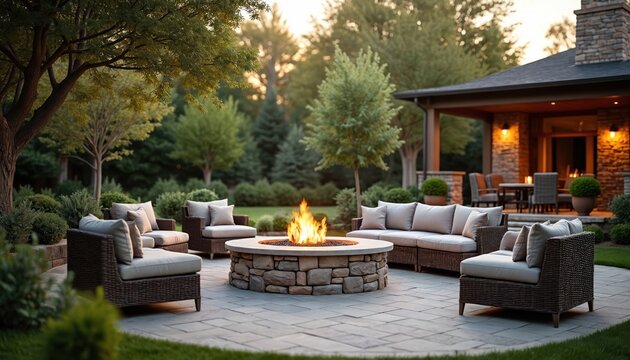 Patio furniture surrounds stone fire pit with bright flame. Home backyard lounge area with seating and trees. Evening relaxation space with warm light.