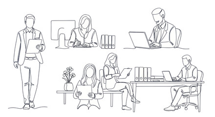 Obraz premium Business Line Art: Office Workers with Laptops, Documents, and Desk