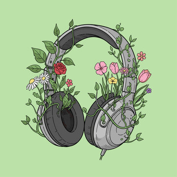 A colorful illustration of headphones overgrown with vines and flowers, symbolizing growth and harmony between technology and nature.