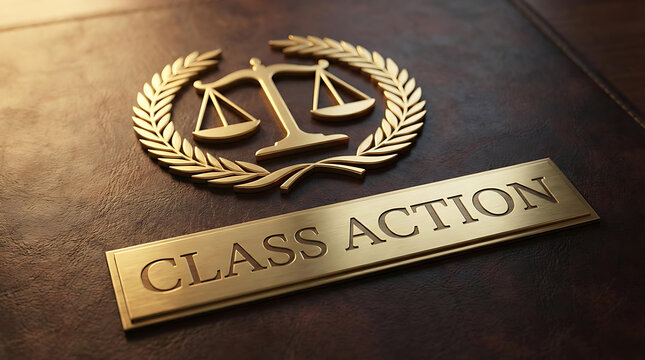 Golden Class Action plaque and scales of justice emblem on dark leather background