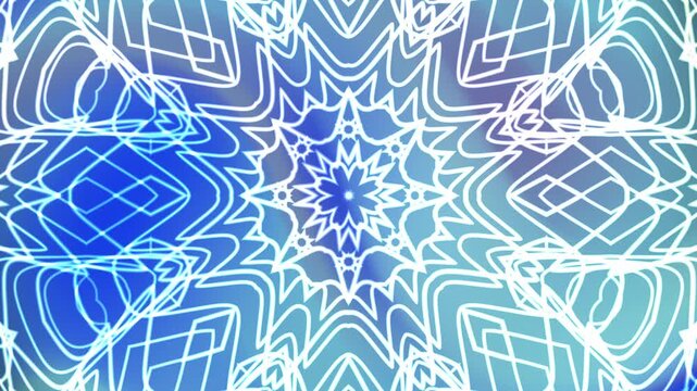 Abstract kaleidoscope pattern in blue, white, and turquoise colors. Suitable for backgrounds, textiles, prints, and digital designs. Bright, dynamic, decorative.