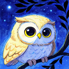 Obraz premium Cute Owl Moon Star Night Watercolor Art Illustration