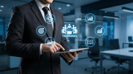 Obraz premium Corporate businessman using tablet with virtual training and skill development concept icons in modern office