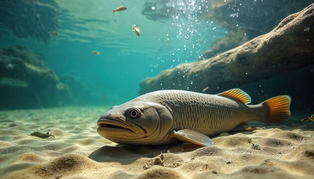 Large burbot rests on sandy lake bottom. Small fish swim in clear turquoise water near rocks and log. Underwater scene shows aquatic life and habitat details.