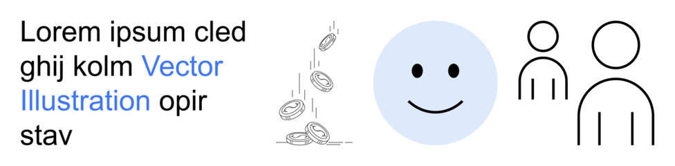 Fototapeta premium Financial growth, teamwork, happiness, minimalism, economy, design elements. Blue happy face, falling coins and abstract human figures. Financial growth and teamwork concepts