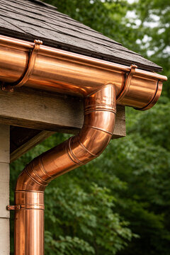 Shiny copper roof gutter and downspout on a timber house corner with green woodland background highlighting premium rainwater collection craftsmanship weather protection and exterior detail