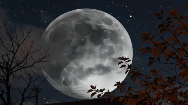 Full moon over residential area with tree silhouettes and night sky