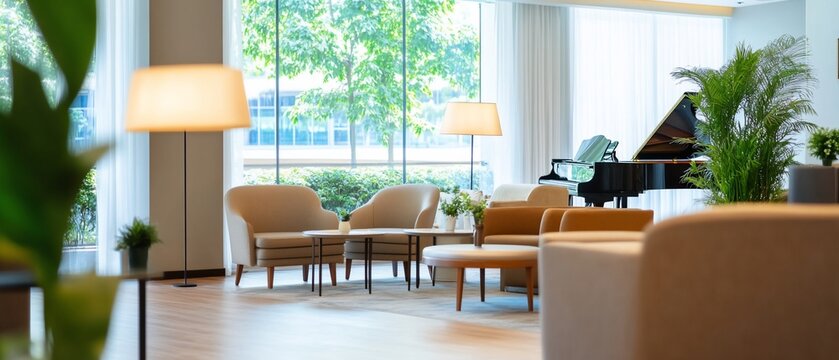 Elegant hotel lobby interior with piano and lounge area.