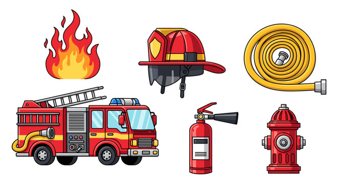 A colorful vector graphic illustration of firefighting tools and equipment on a white background