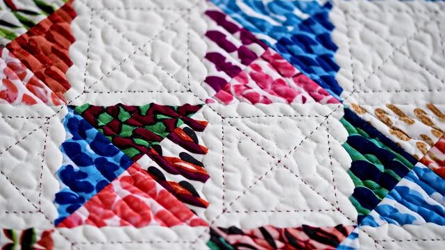 Close-up of a vibrant patchwork quilt with detailed stitching