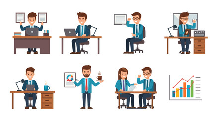 Fototapeta premium A set of eight vector illustrations depicting businessmen working at desks in various office settings.