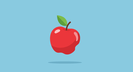 Obraz premium A vibrant red apple icon with a green leaf on a light blue background