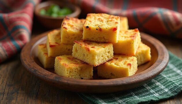 Paraguayan Sopa Paraguaya savory cornbread, baked golden brown, served warm on wooden plate. Traditional cuisine, comfort food, delicious corn cake, thick slices, rustic setting.