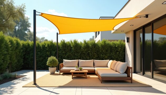Modern patio furniture with yellow shade sail provides sun protection. Sleek outdoor lounge set offers comfort. Geometric shadows fall on clean tiled area.