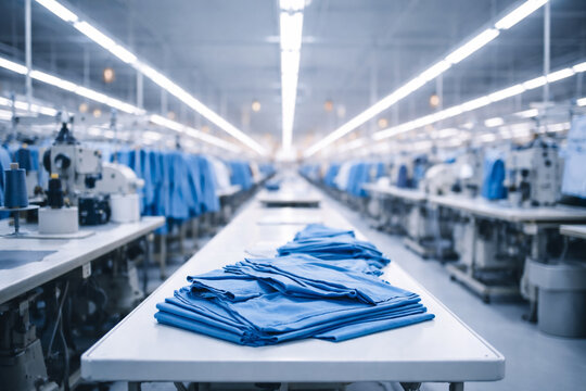 AI generated textile factory with sewing machines and folded garments on production table industrial manufacturing workflow efficiency modern clothing industry
