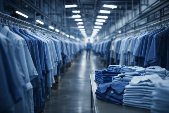 AI generated textile factory interior with rows of hanging blue shirts and folded garments on table industrial production clothing manufacturing workflow efficiency modern industry