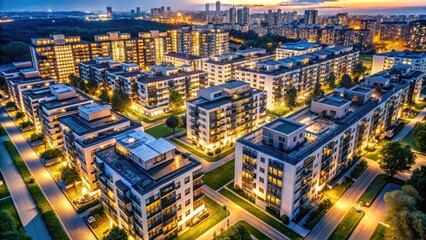 Fototapeta premium A photo of a modern apartment complex with vibrant urban lifestyle moments captured from an aerial view, showcasing colorful environments, buildings,