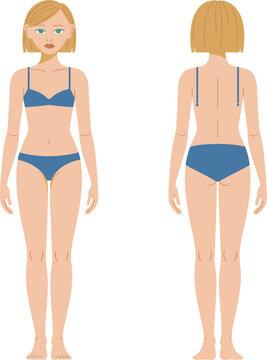 Female body front back views short hair anatomy character design flat vector